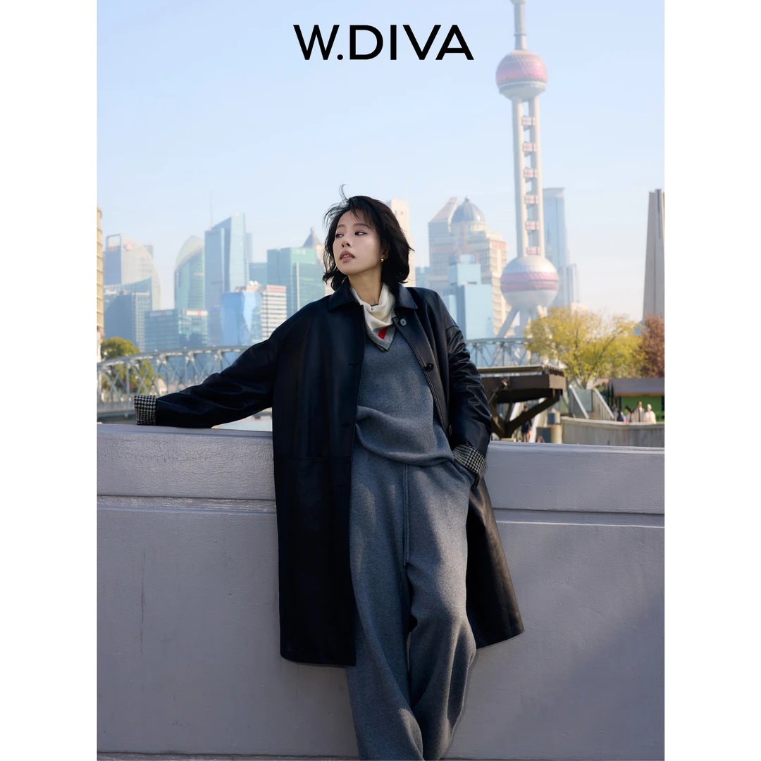 W.Diva【玄默】千鸟格翻边袖西装领哑光羊皮羽绒外套复古DWZWLD0354