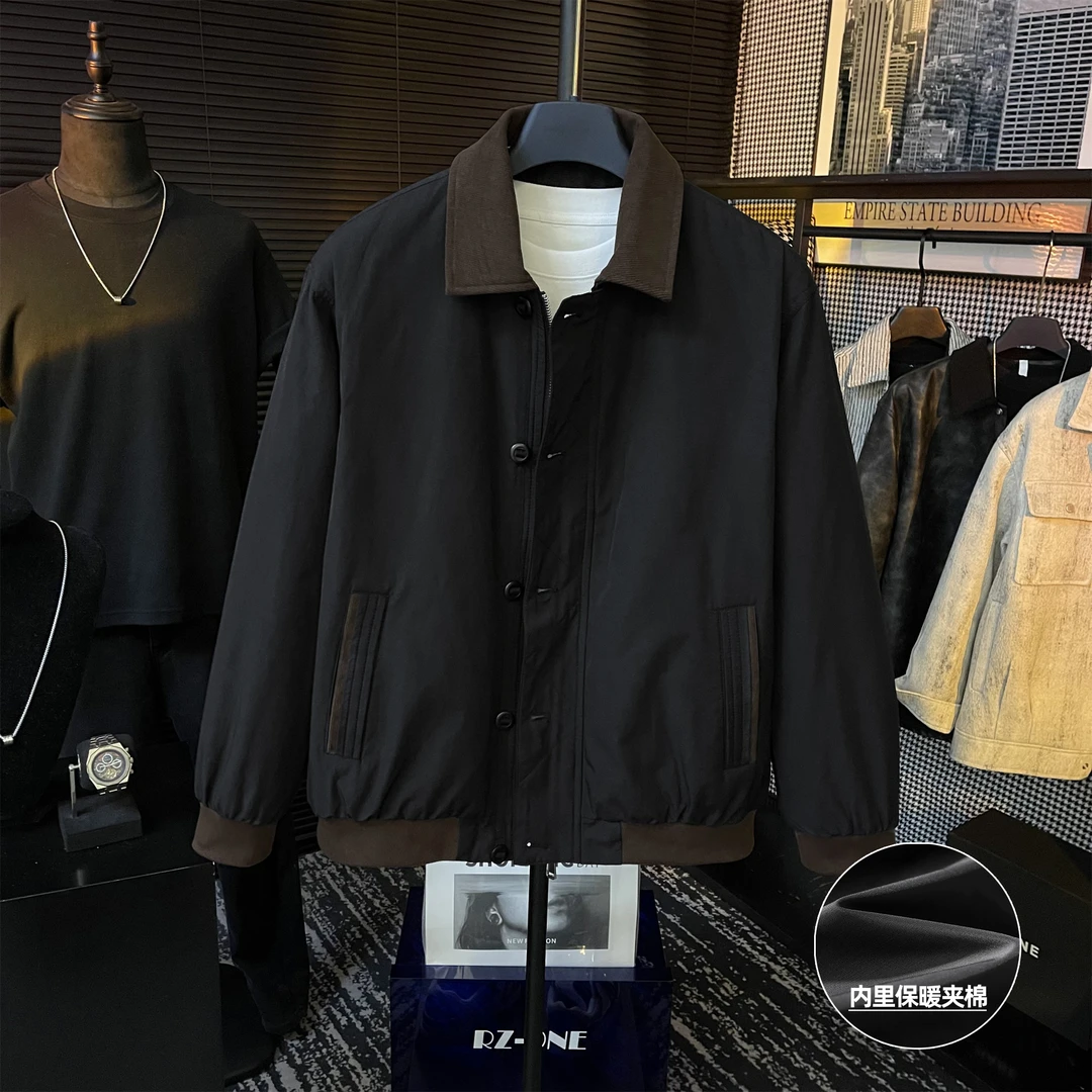 【Bj】冬季休闲高定设计感撞色痞帅拼接翻领保暖夹棉夹克外套
