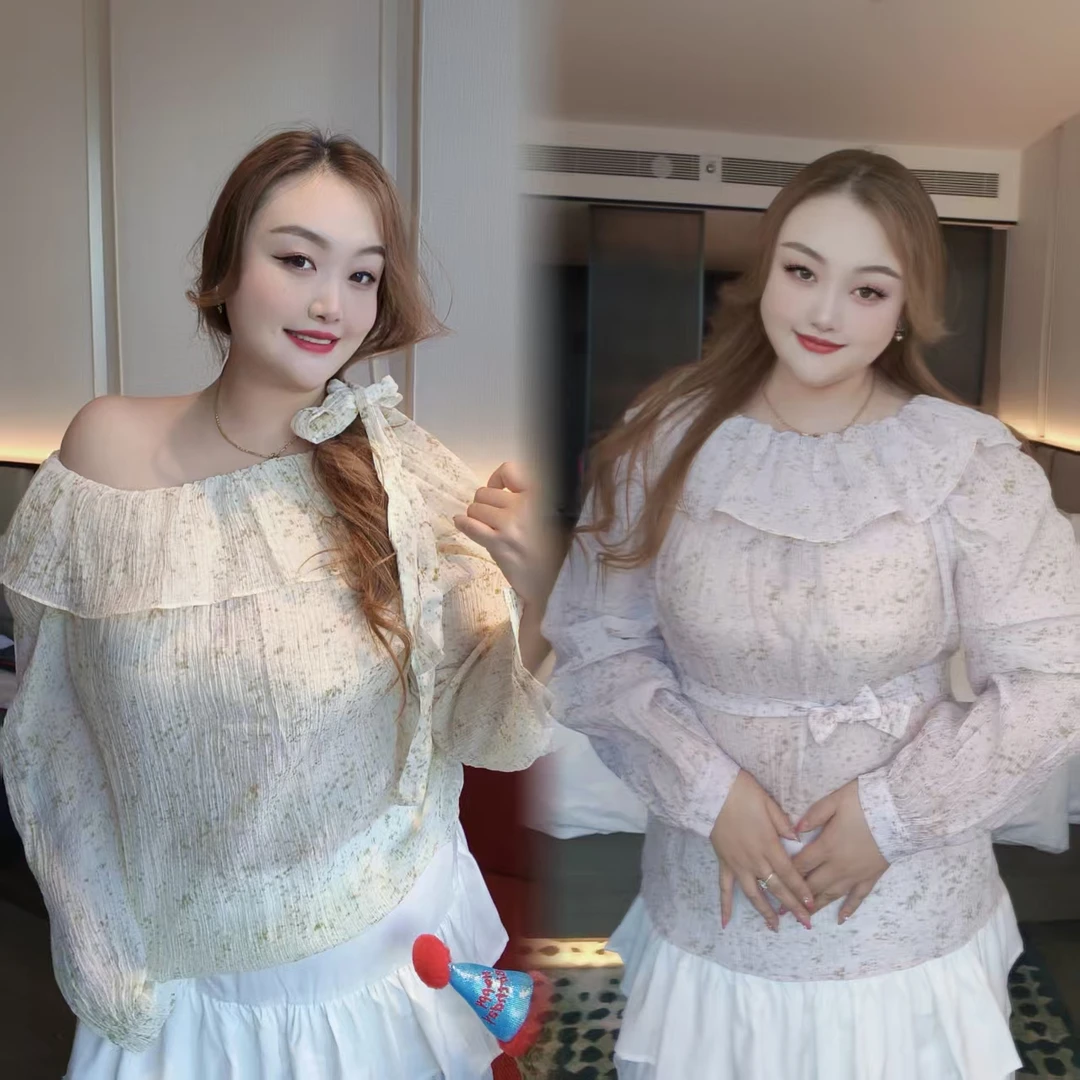 【碎花一字肩】钻石家大码轻奢碎花褶皱荷叶边衬衣衬衫上衣 DCY2505