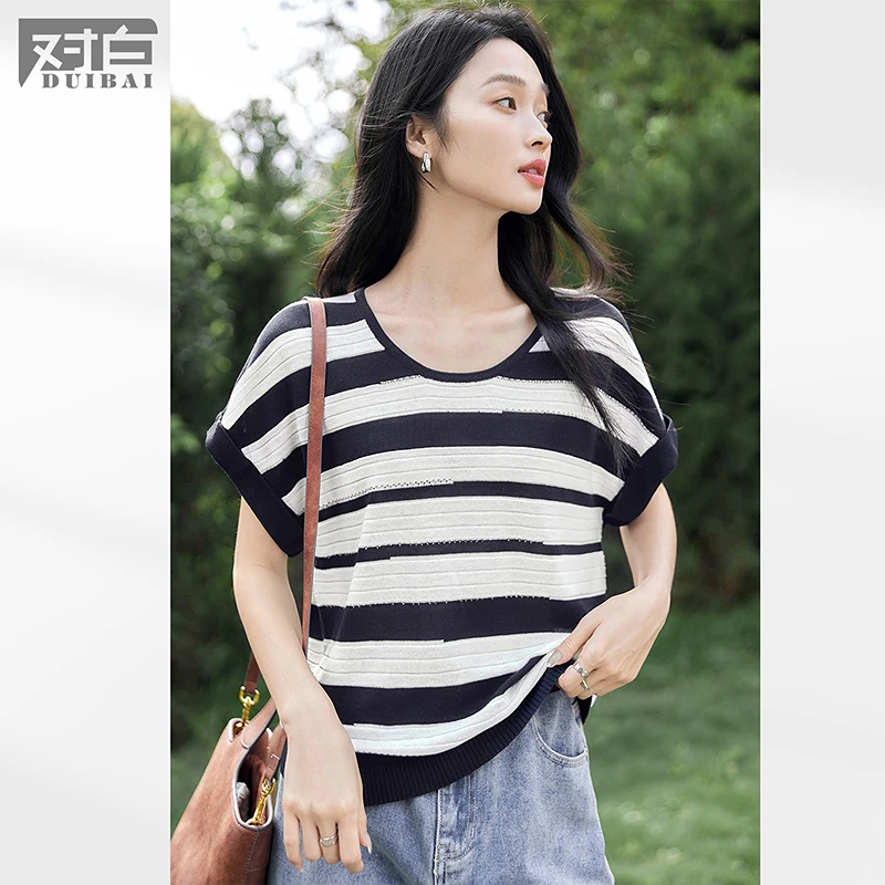 【亚美专属】D01对白撞色条纹U领短袖针织衫气质亚麻上衣FDO034