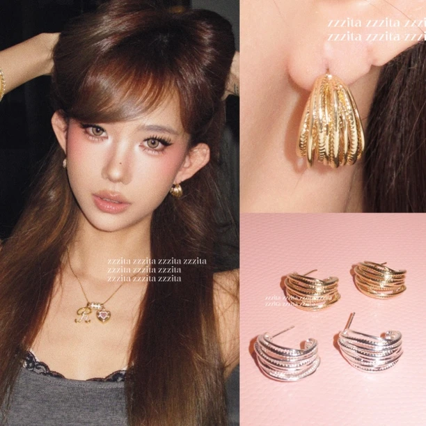 合金耳饰 Chucky Hoop•校园甜心～小众辣妹简约光面编织C型耳环