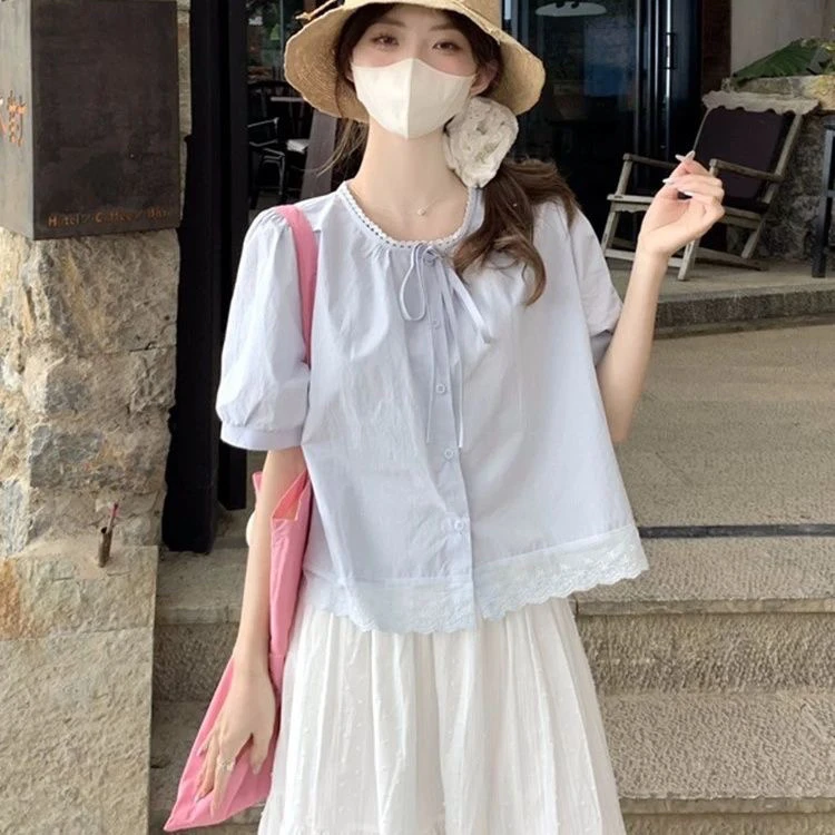 蓝色短款上衣女夏季多巴胺穿搭2025新款娃娃衫短袖小个子纯棉衬衫