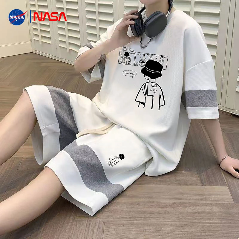 NASA爆款华夫格运动套装男2025新款夏季男士大码短袖短裤休闲一套