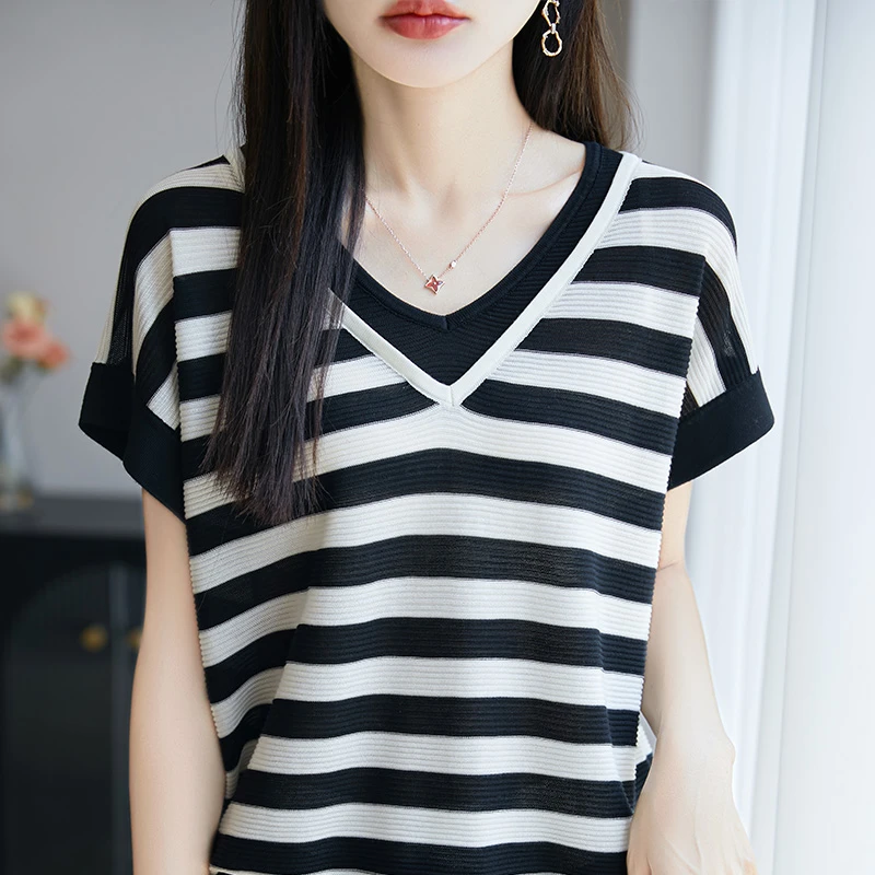 商场同款100%莱赛尔天丝夏季撞色条纹V领假两件针织衫薄款上衣