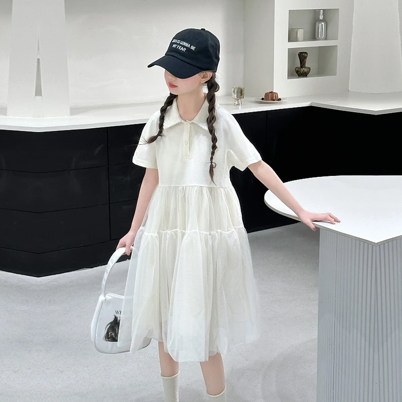 女童夏季连衣裙2025新款洋气时尚POLO衫领裙子6-12岁中大童纱裙潮
