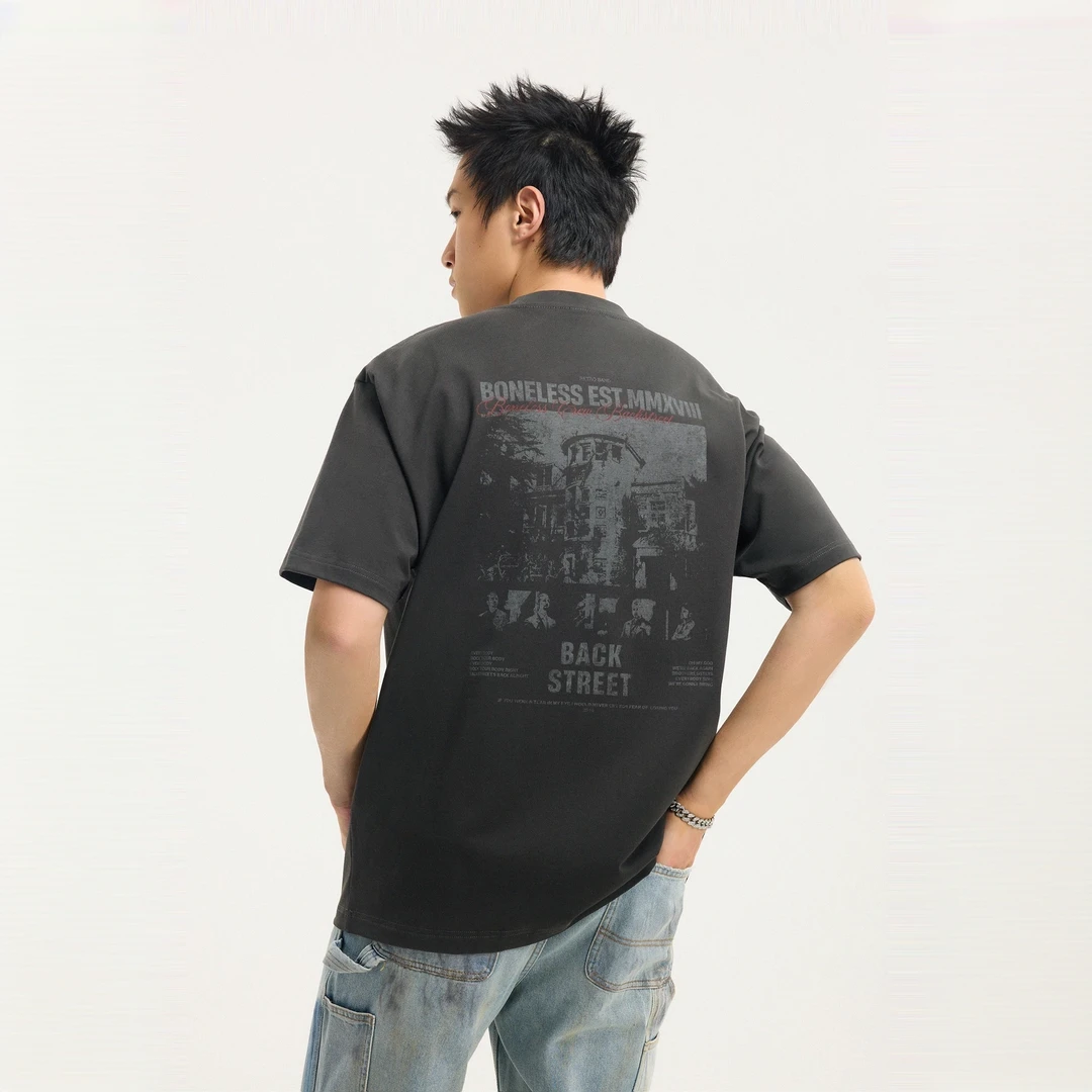 BONELESS摇滚乐队排版短袖纯棉宽松美式潮牌圆领T恤街头潮流半袖