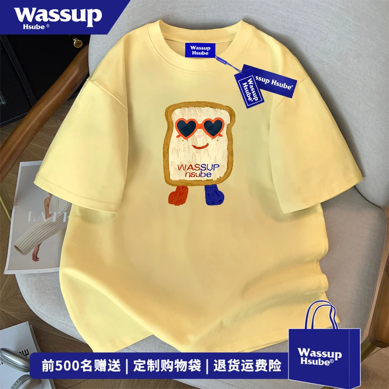 WASSUP HSUBE美式嘻哈风面包印花短袖T恤男夏季通勤慵懒风上衣服
