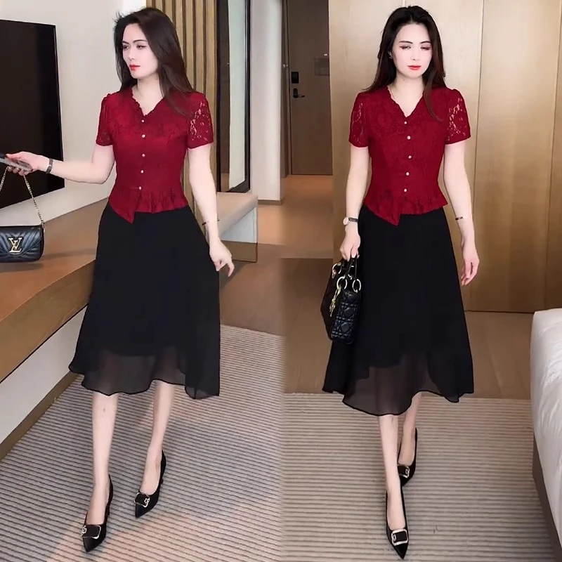 连衣裙女2025夏季新款时髦洋气短袖蕾丝拼接网纱裙假两件气质裙子