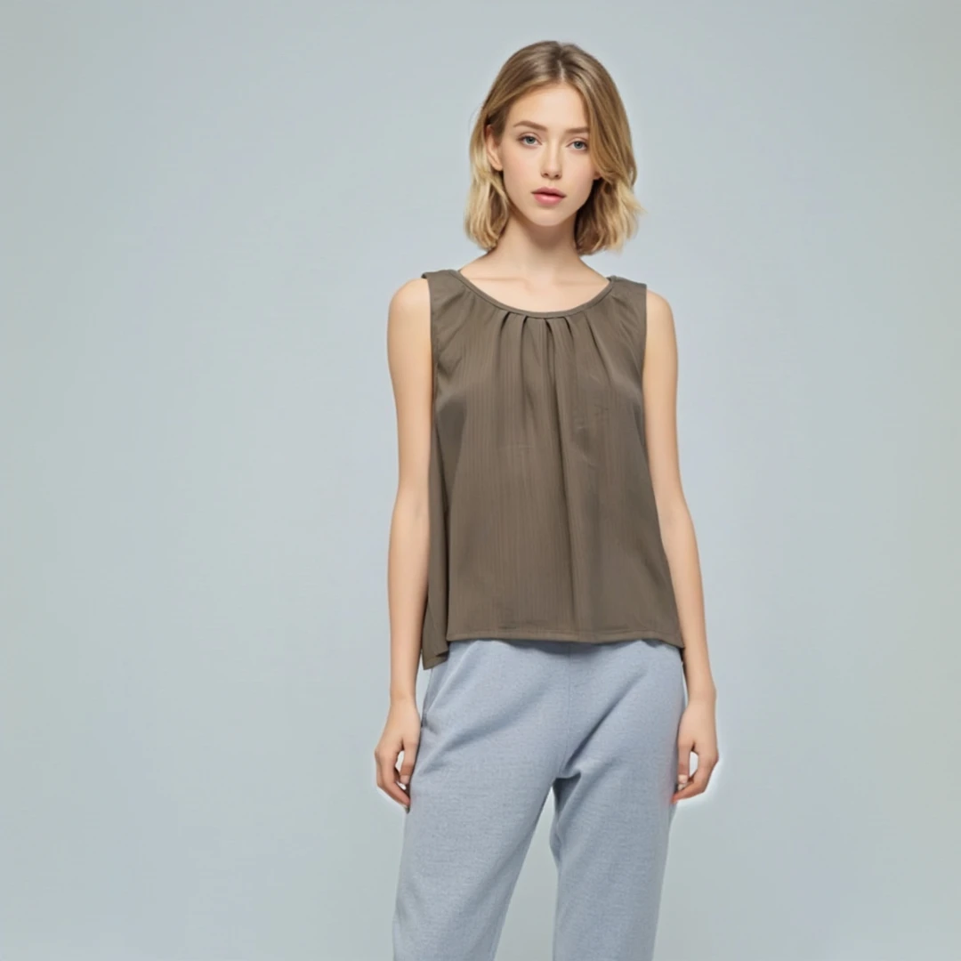 764号 圆领A版百褶无袖背心宽松百搭显瘦T恤纯色休闲上衣