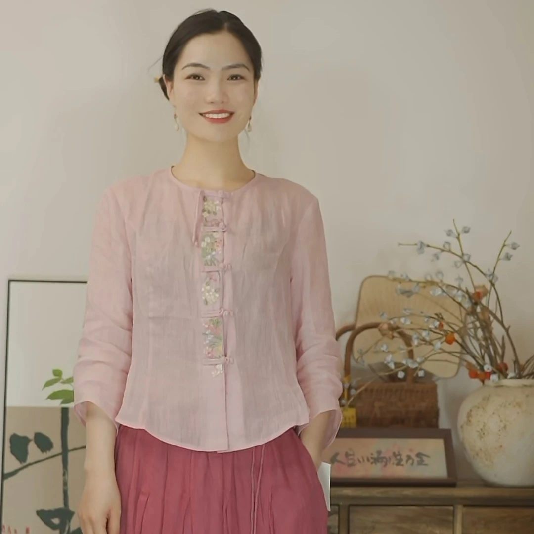 文艺复古中式苎麻改良茶服刺绣盘扣女式百搭上衣春夏款3310