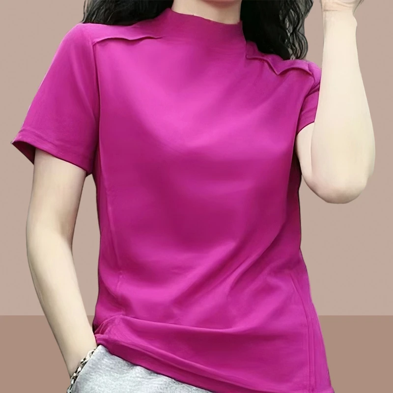 2025年夏季新款女士短袖t恤短款上衣半高领体恤修身显瘦洋气减龄