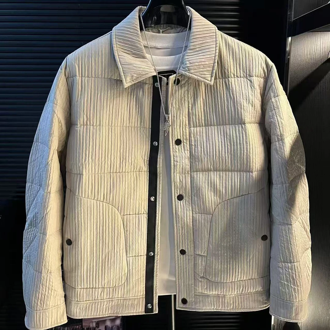 H-冬季条纹棉衣肌理感米白潮流夹克男士上衣学院风
