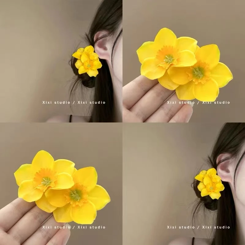 2025原创【春春欲动】明媚黄色双生花朵发夹甜美可爱侧边夹发卡