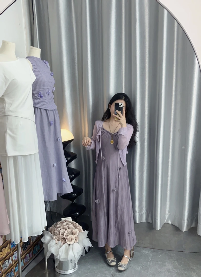 【虎妹推荐】小个子立体花吊带连衣裙开衫（两件套）