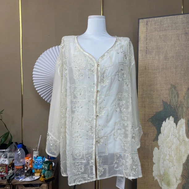 【494】高级感闪片刺绣珍珠白色大v领喇叭袖透视外套