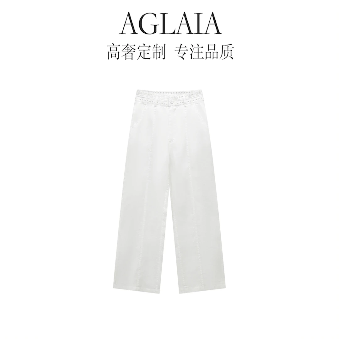 AGLAIA~夏季新款慵懒松弛度假风镂空腰头拼接阔腿裤女休闲裤8965