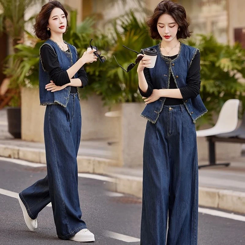 休闲慵懒风牛仔套装女2025春秋季新款马甲背心宽松阔腿裤三件套