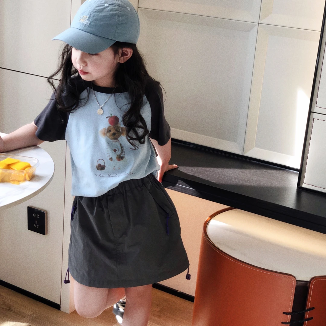 女童可爱插肩袖高弹力撞色短袖T恤 25X105