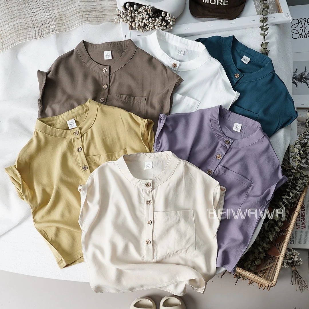 高品质原创儿童绵绸短袖立领衬衣 男宝宝轻薄透气人造棉纯色衬衫