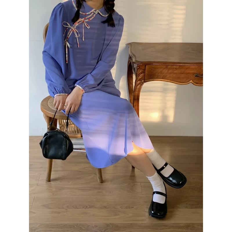 霍里德地图撞色边旗袍复古裙子女初秋2024中长款过膝娃娃领连衣裙