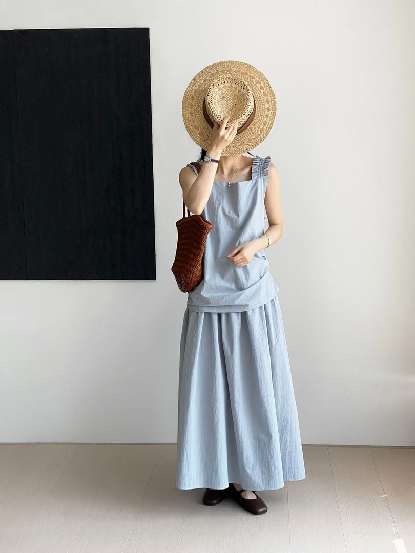 韩系简约气质温柔设计感文艺百搭百褶连衣裙休闲裙子