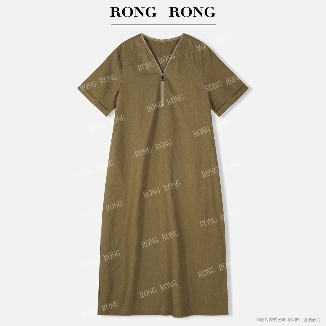 溶溶【雾境森色】RONGRONG 莱赛尔亚麻拉链宽松法式连衣裙C-S210813