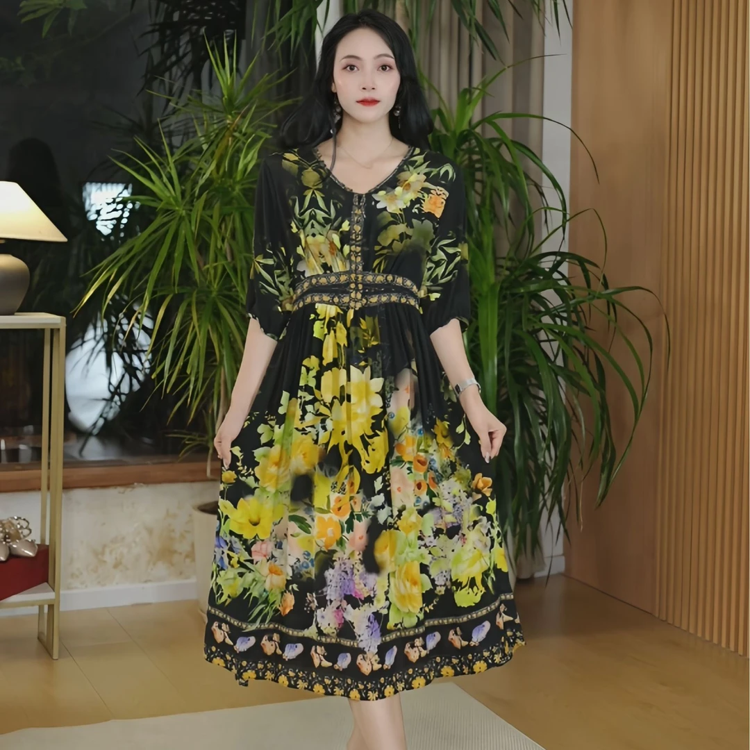 2025#大黄花#高定桑蚕丝单层连衣裙#1839#HH#110