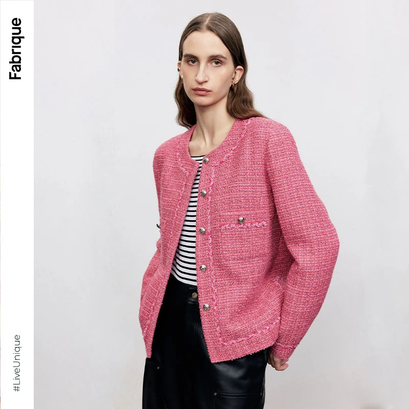 Fabrique芭比粉花呢外套小香风外套粉色短外套春秋女款设计感101