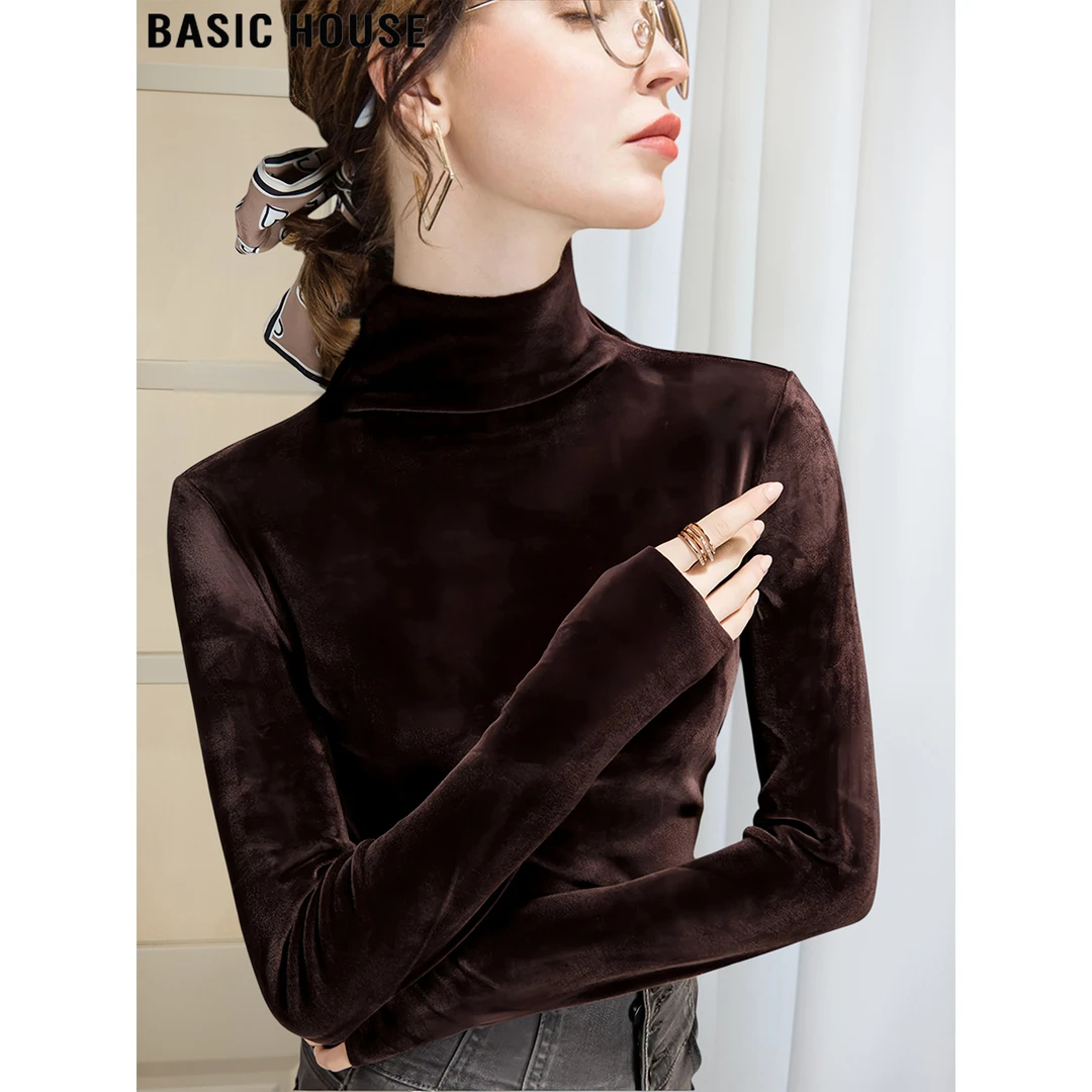 Basic House/百家好咖色丝绒半高领长袖T恤女2025秋冬修身打底衫