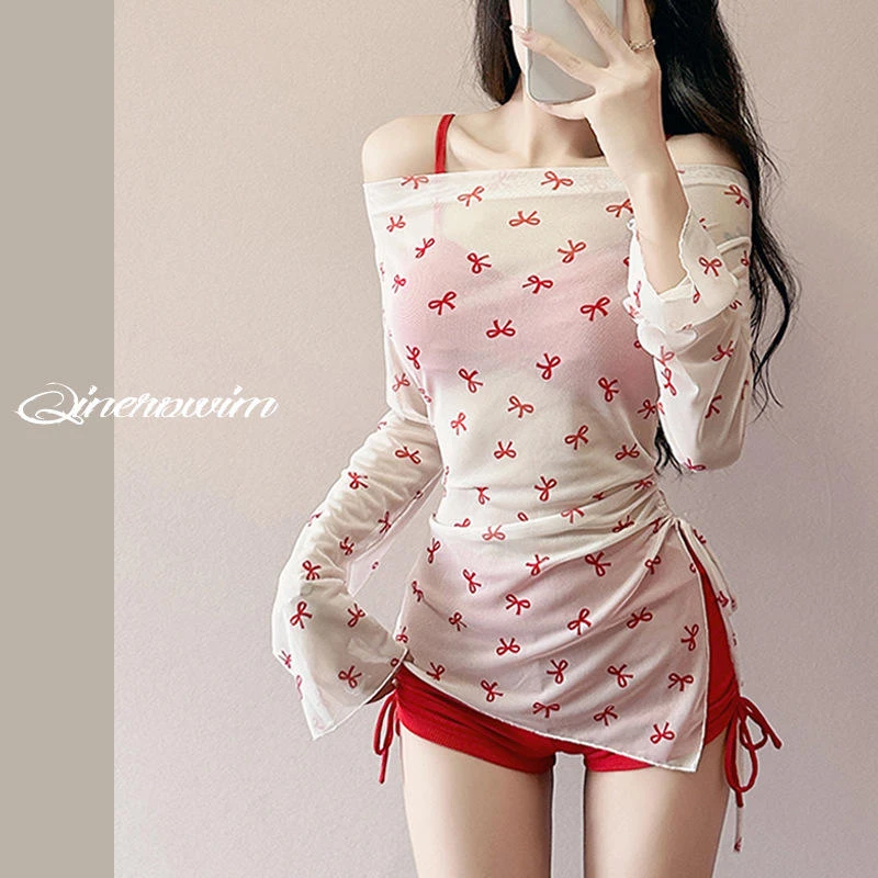 新款三件套比基尼款泳装女少女感纯欲风泳衣女蝴蝶结长袖防晒批发