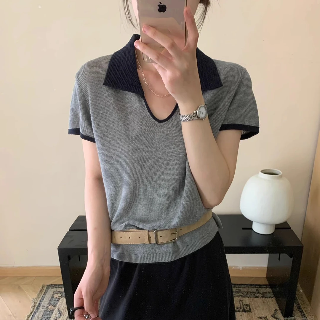 莱赛尔撞色短袖T恤女夏季新款洋气衣服女剪刀翻领上衣针织衫拼色t