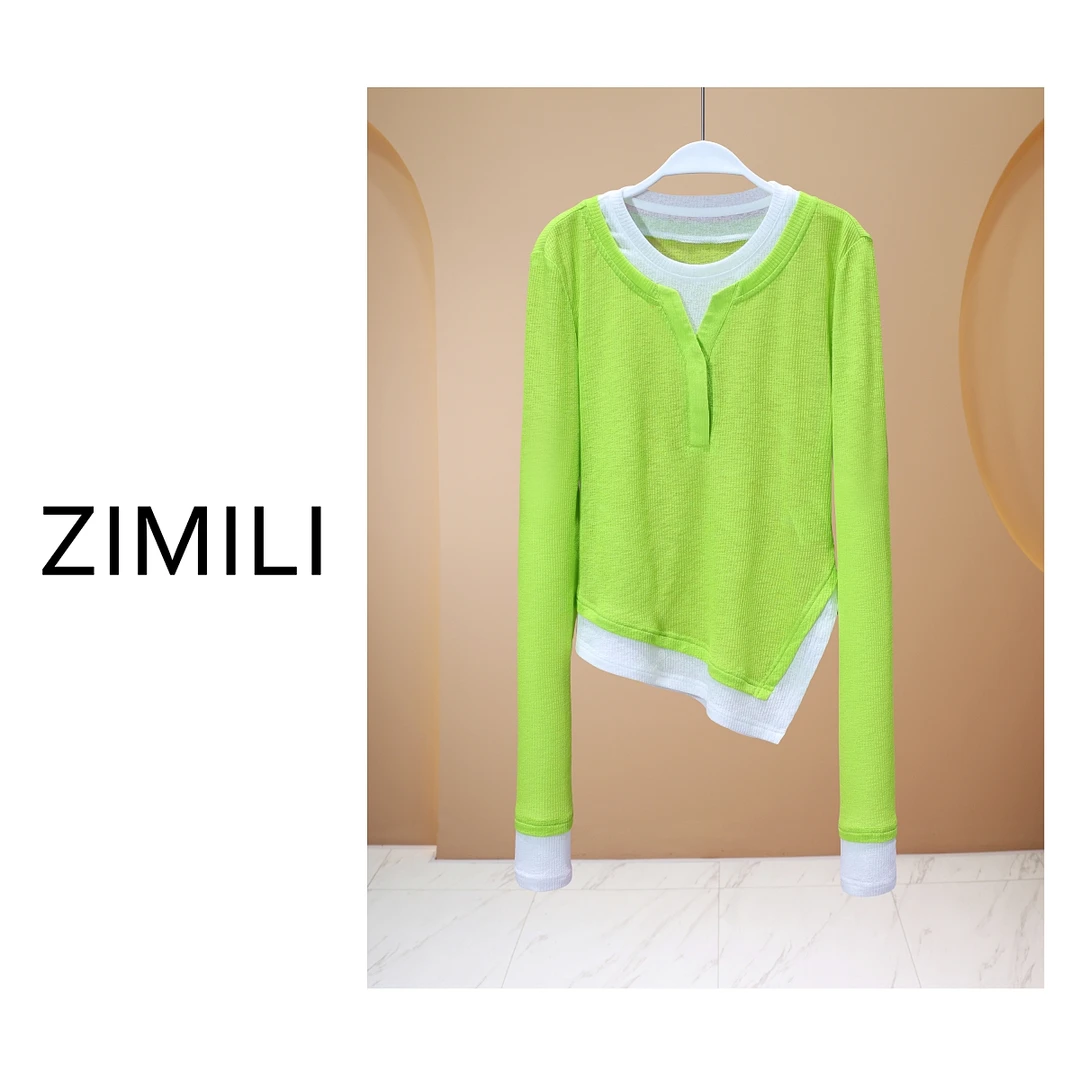 【亮哥女装】2025欧版苹果绿撞色拼接不规则下摆高弹上衣8651-A0