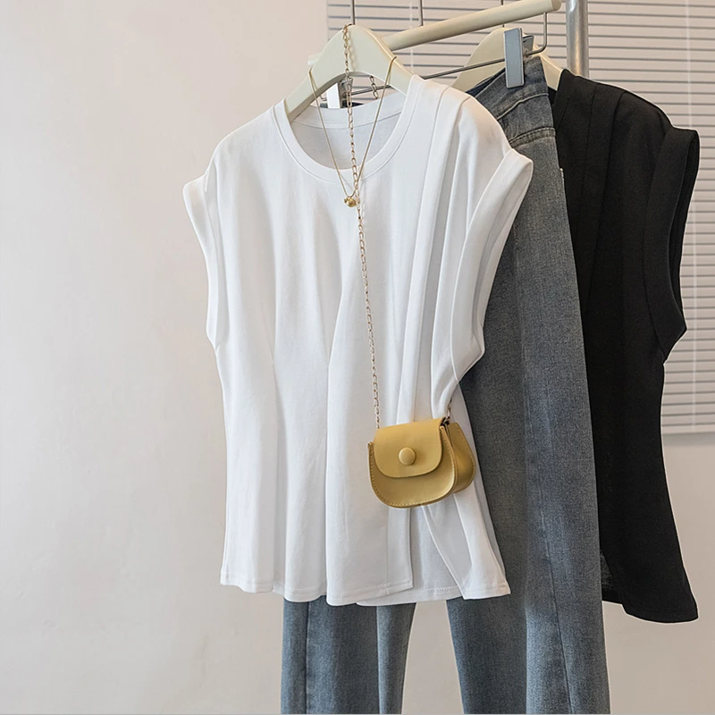 文艺时尚气质百搭简约高级感下摆开叉显瘦宽松型纯色圆领T恤上衣