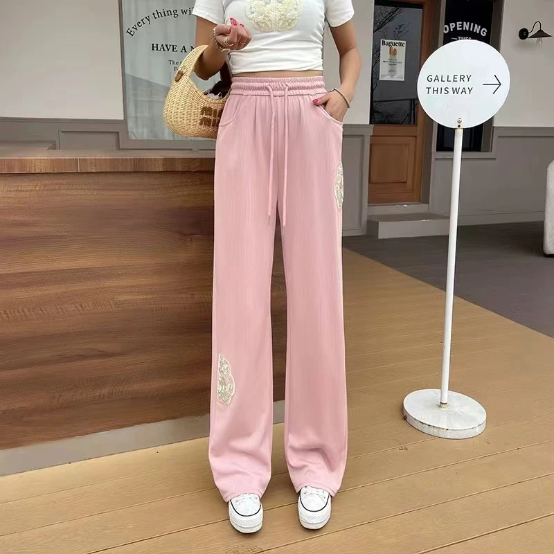 D10国风刺绣阔腿裤新款高腰显瘦百搭直筒裤女夏季复古百搭休闲裤