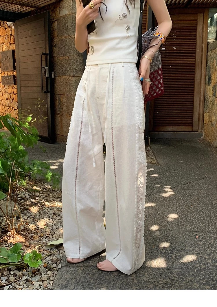 le rouge周美美 daily chill棉麻松弛感镂空蕾丝拼接百搭休闲长裤