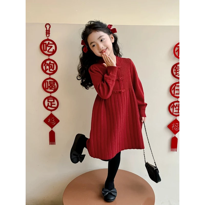【福利】中国女童连衣裙长袖如意扣毛衣裙大红拜年服宝打底加厚