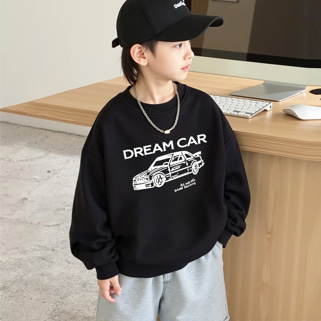 黑色儿童圆领卫衣秋冬2025新款爆款帅气长袖无帽童装男童加绒上衣