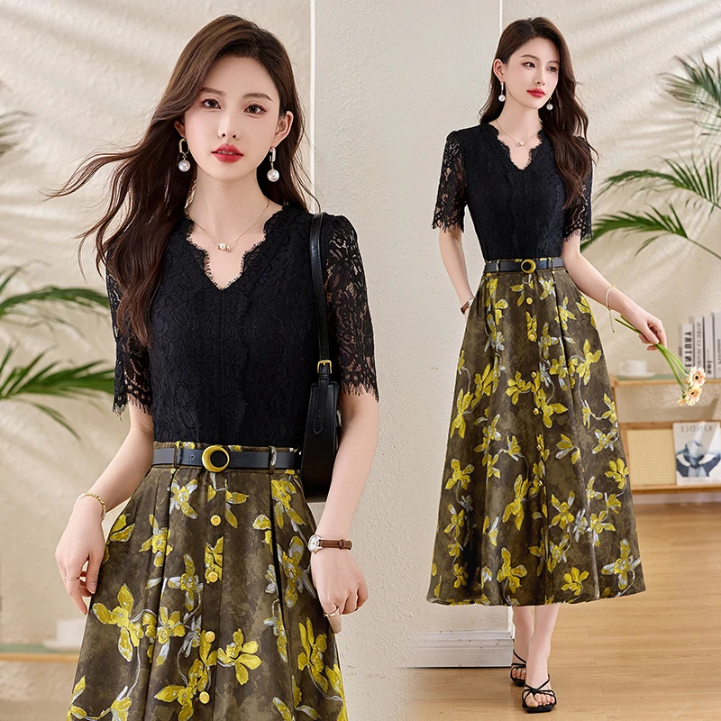 广州十三行爆款雪纺假两件时尚碎花连衣裙女2025超火春夏季高级感