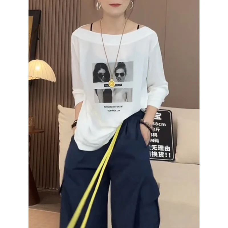 防晒罩衫薄款长袖T恤女夏2025新款高级气质超好看透气一字领上衣