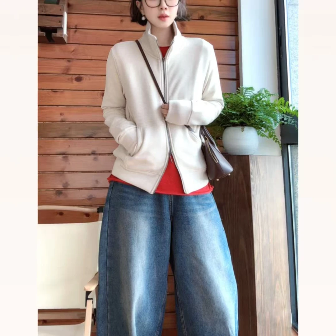 加绒加厚软黄金蚕丝羊毛立领卫衣开衫时尚高级感运动休闲外套L690