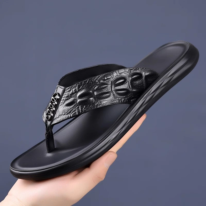 埃卢涅芬欧洲站真皮鳄鱼纹人字拖鞋夏季室外沙滩防滑凉鞋潮流夹脚