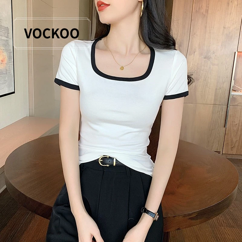 VOCKOO方领正肩短袖t恤女春夏新款紧身打底设计感撞色半袖白色洋
