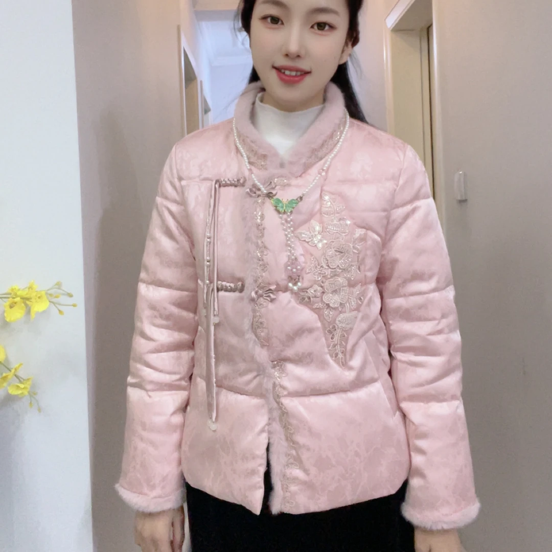 【蜜茶】新中式冬盘扣刺绣加厚保暖棉服外套国风气质休闲百搭女上衣