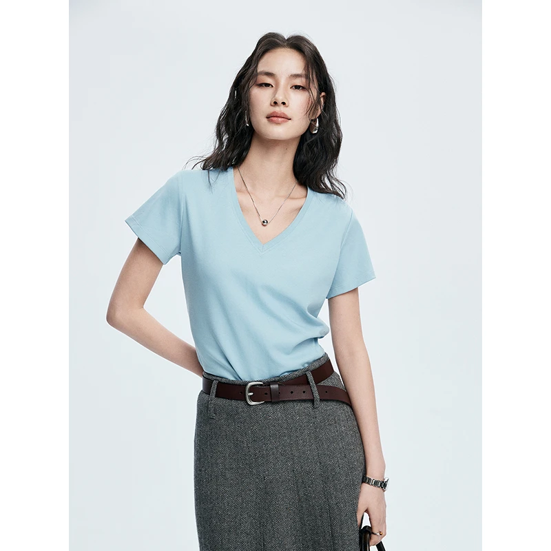 初棉【丝光棉V领】正肩合体简约V领正肩短袖T恤 363601006