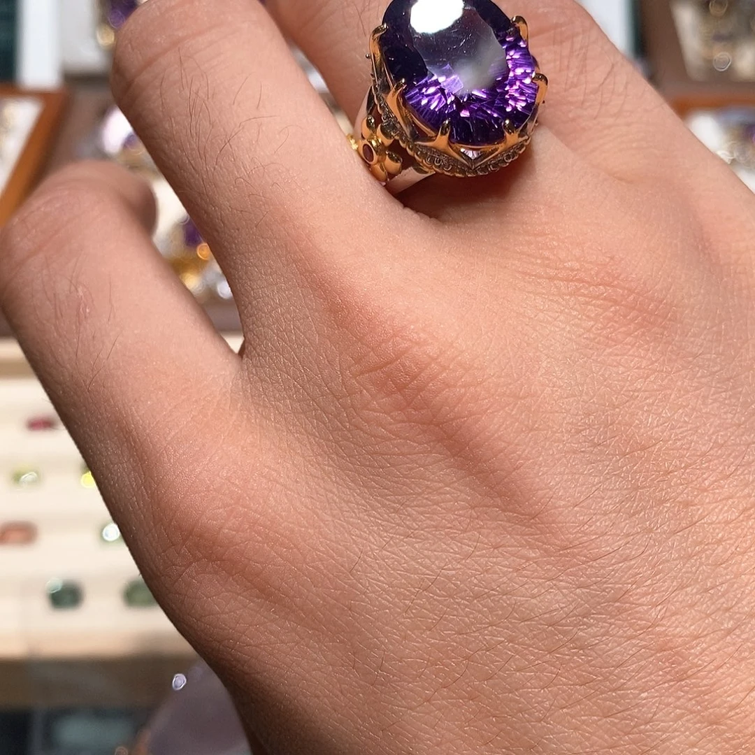 水晶戒指银S925镀金镶嵌