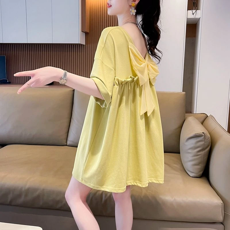 设计感小众短袖t恤女夏新款小心机露背蝴蝶结中长款宽松ins潮上衣