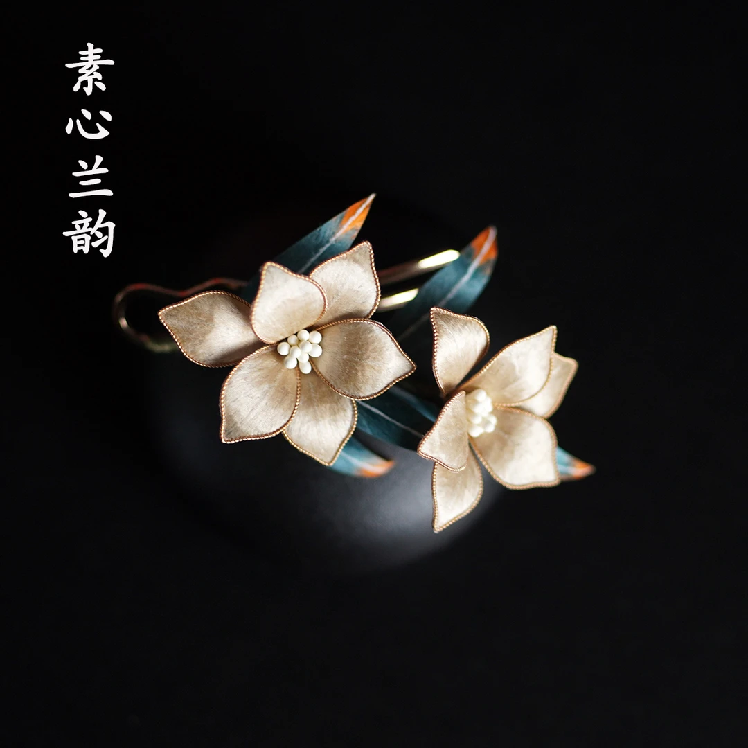 非遗绒花《素心兰韵》 纯手工桑蚕丝线掐丝绒花古典国风中式发钗
