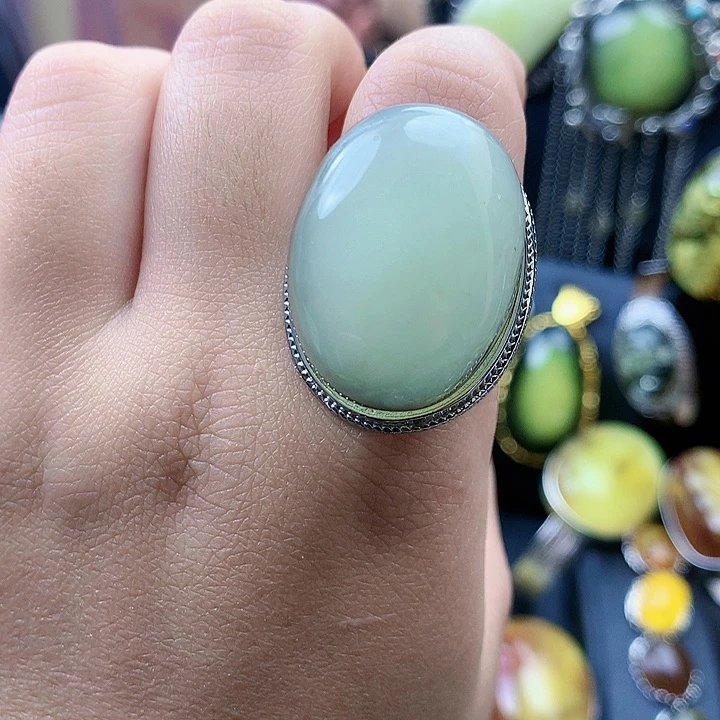 琥珀裸石银S925镶嵌戒指