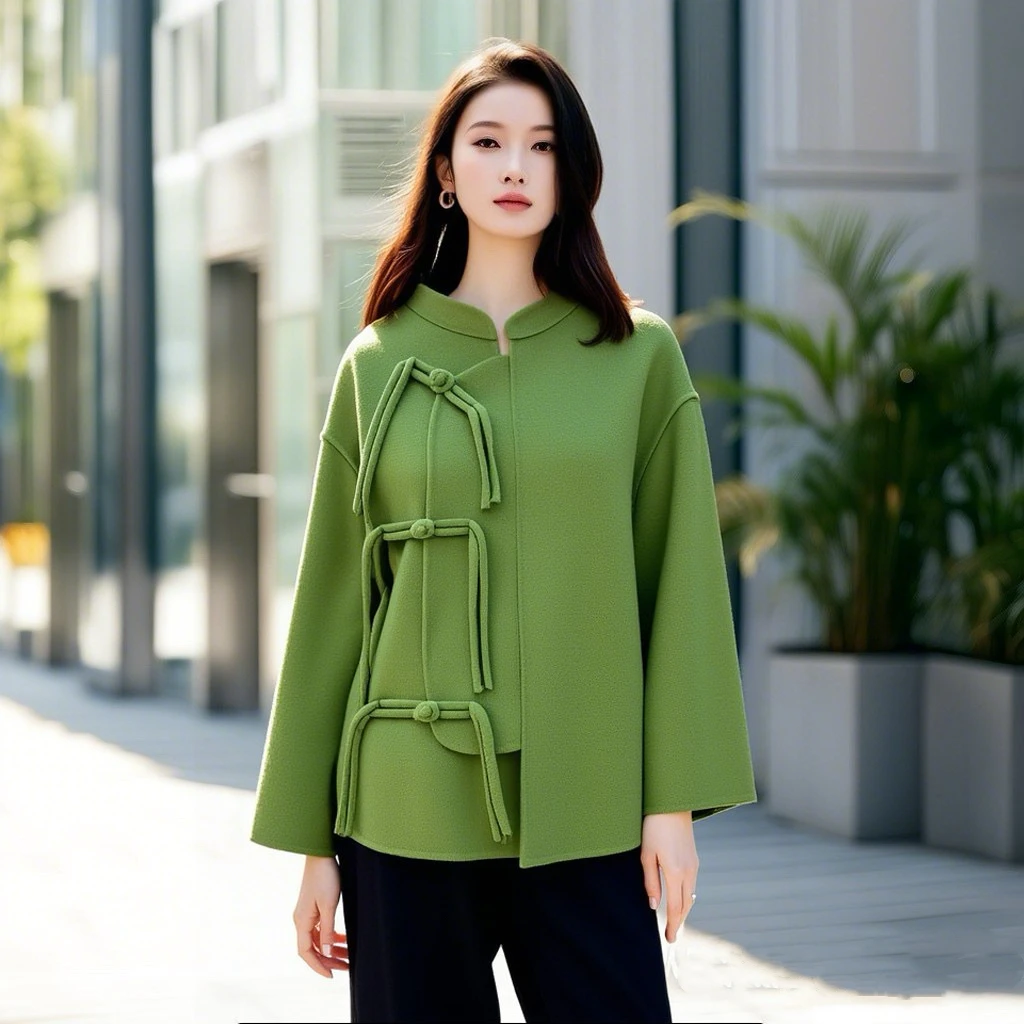 YAHONGNA中国风新中式短款外套女双面大衣百搭时尚
