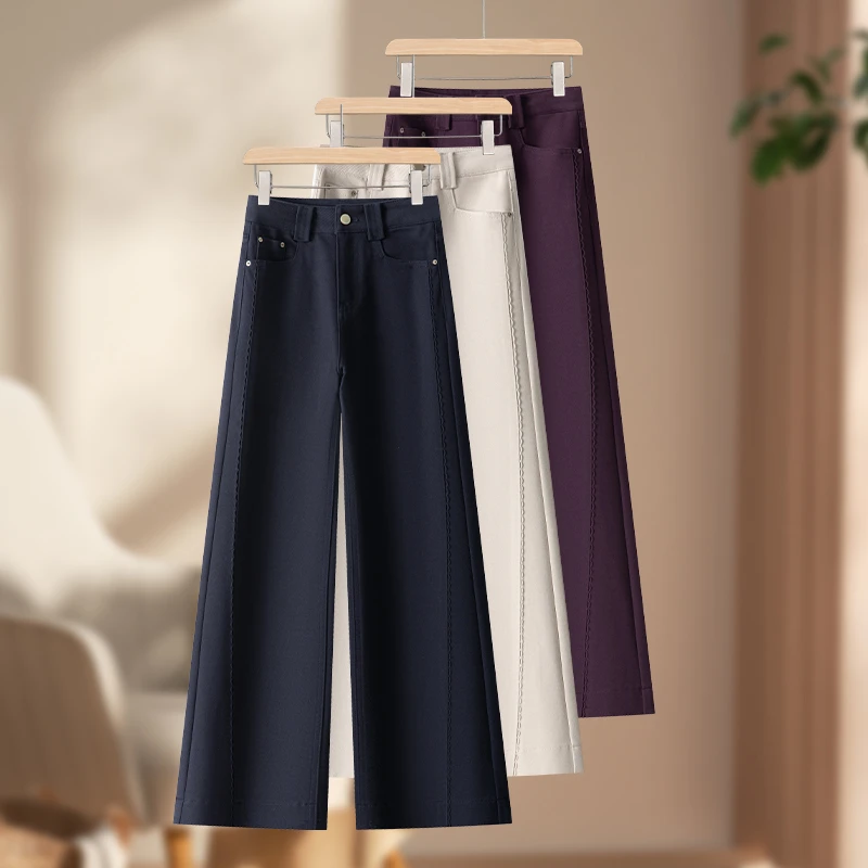 2025年早秋季新款时尚简约显瘦设计感花边洗水棉黑色休闲直筒裤女